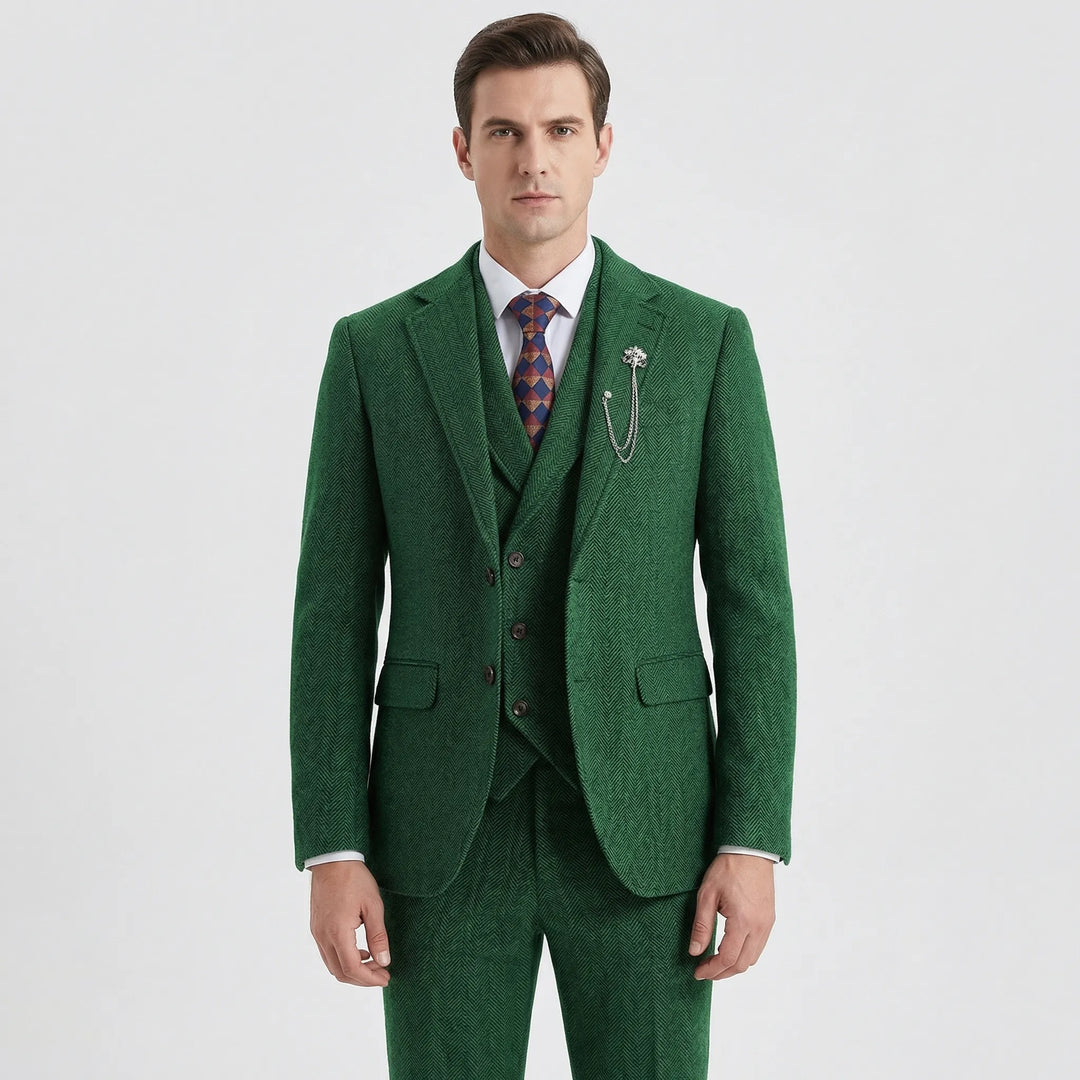 Timeless men's herringbone 3-piece suit by Leonard, perfect for weddings, galas, and professional business attire.