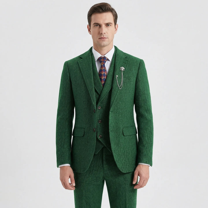 Timeless men's herringbone 3-piece suit by Leonard, perfect for weddings, galas, and professional business attire.