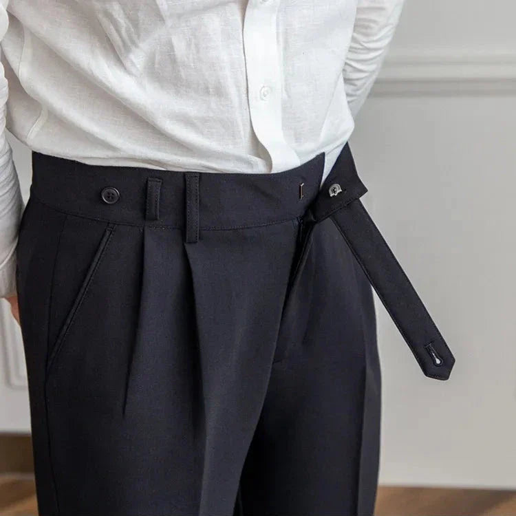 Men's straight leg dress pants in a darker charcoal tone, offering a sophisticated formal option