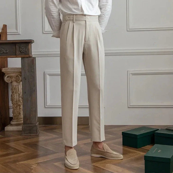 Detailed shot of the inner lining of men's polyester blend straight leg dress pants, highlighting comfort