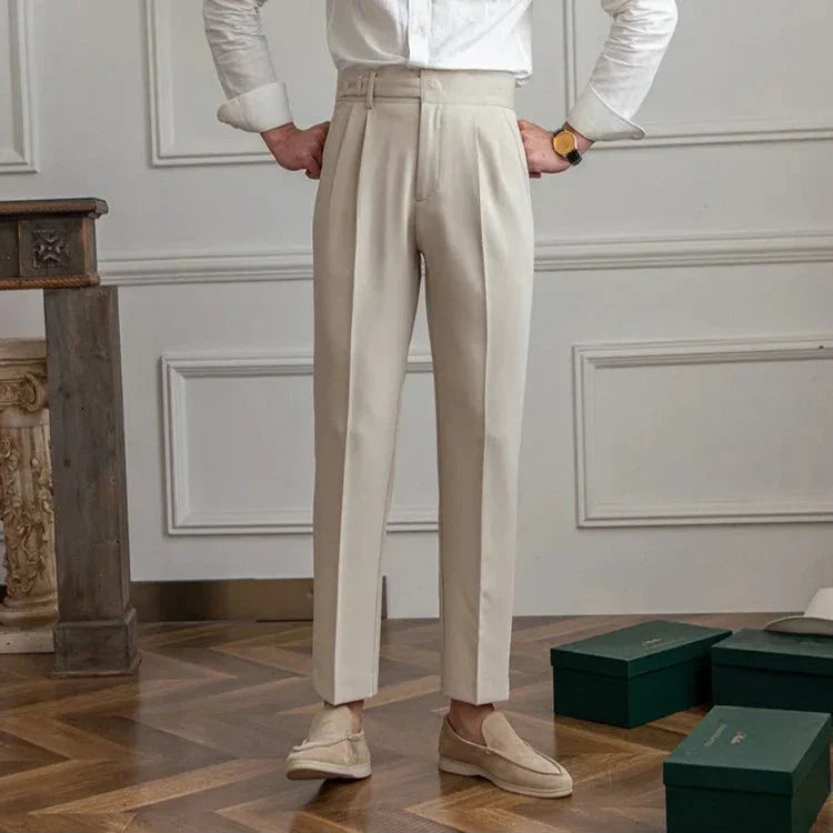 Collage of various angles of men's tailored straight leg dress pants, emphasizing fit and style