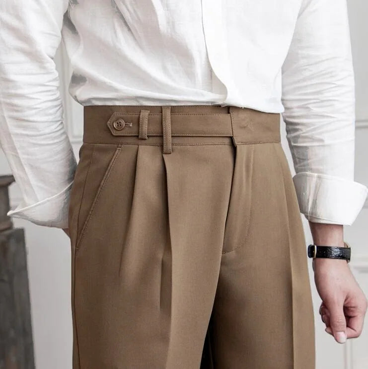 Front view of men's classic tailored straight leg dress pants, showcasing comfort and style