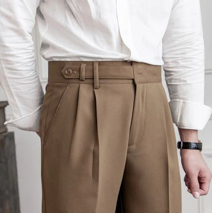 Front view of men's classic tailored straight leg dress pants, showcasing comfort and style