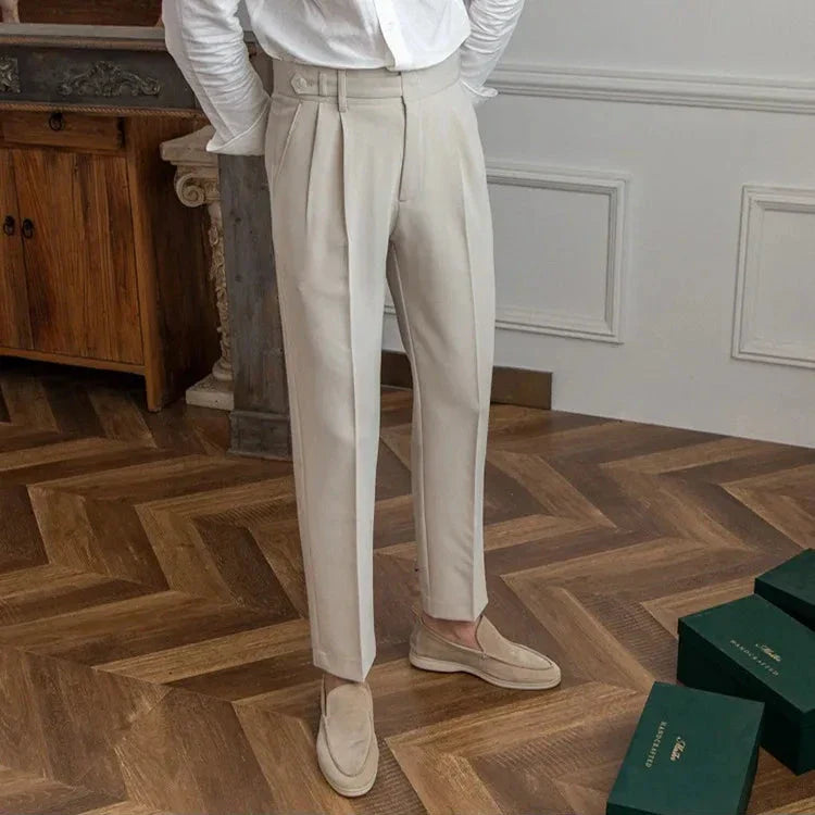 Men's classic straight leg dress pants on a mannequin, showcasing the overall drape and silhouette