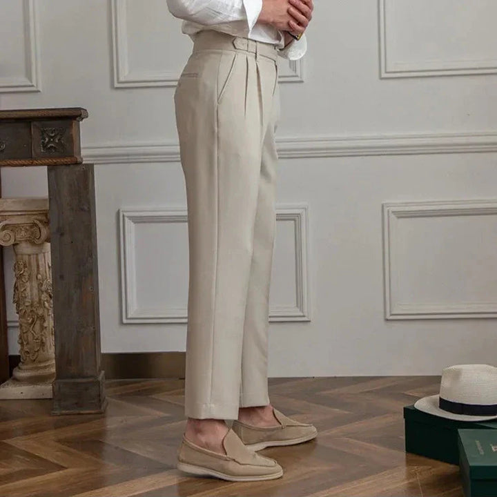 Close-up of the stitching details on men's high-quality straight leg dress pants, ensuring durability