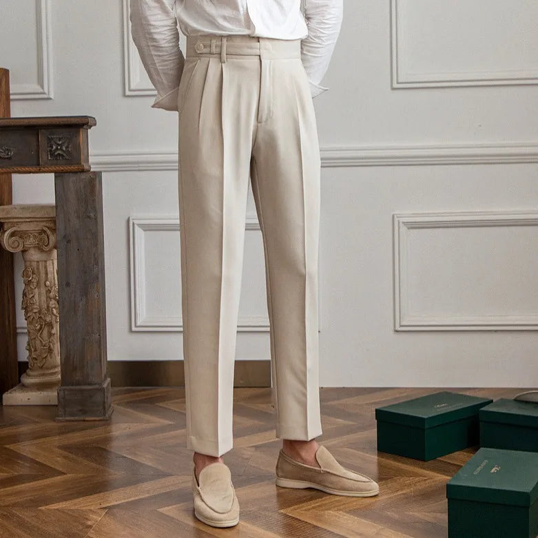 Side view of charcoal grey men's straight leg dress pants, ideal for office or special occasions