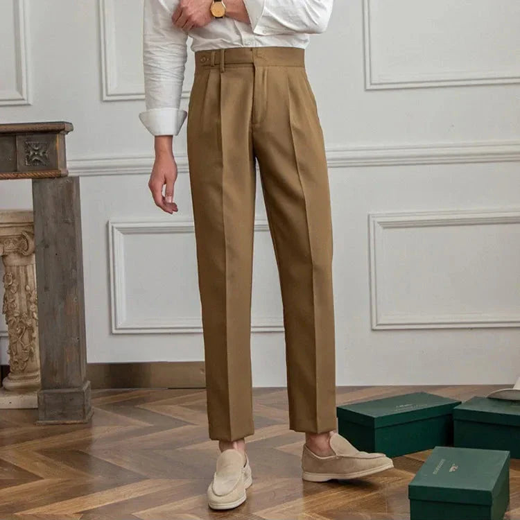 Rear view of men's navy blue straight leg dress pants, featuring a comfortable and flattering fit