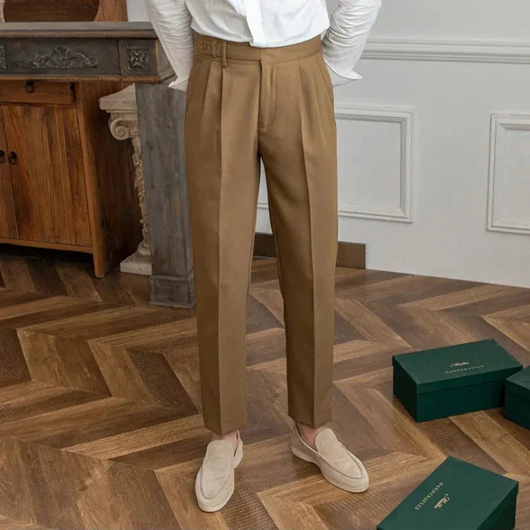 Model wearing men's classic straight leg dress pants with a dress shirt, demonstrating a formal look