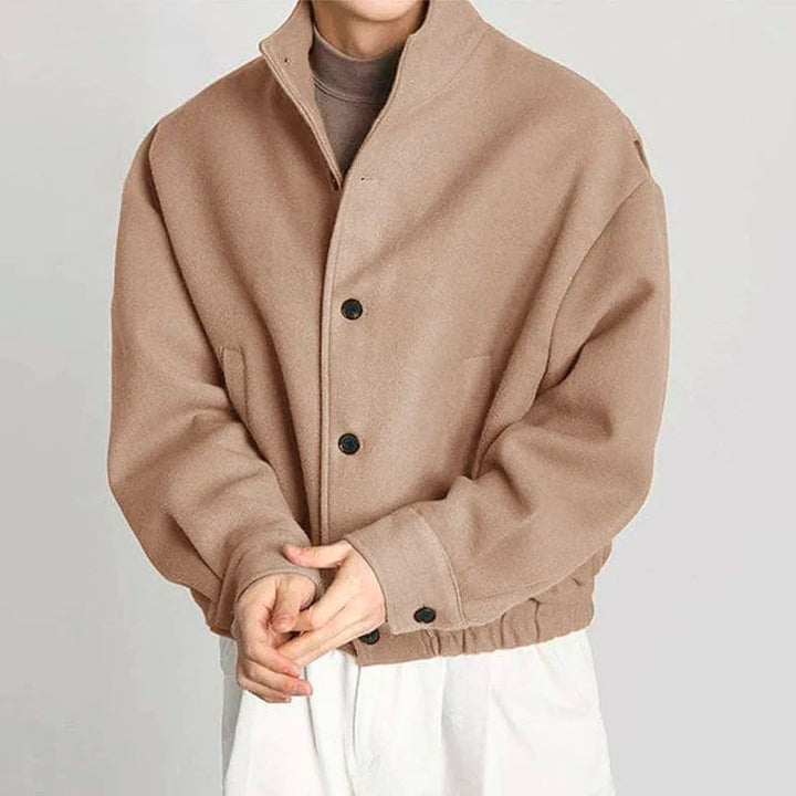 Men's classic khaki wool bomber jacket with ribbed cuffs & collar, perfect for casual winter outerwear