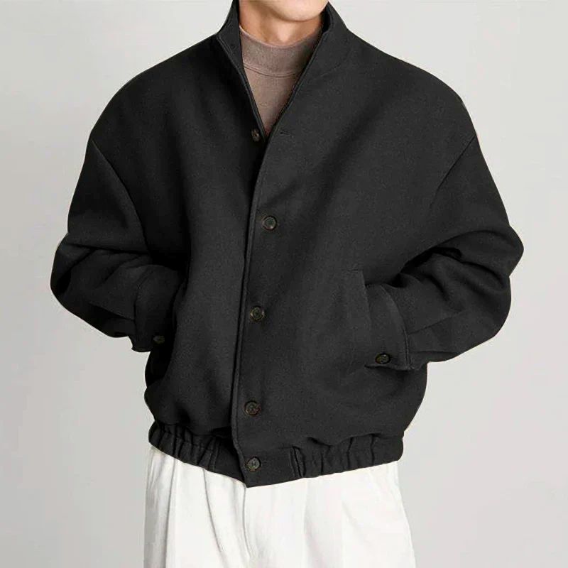 Front view of a men's casual khaki bomber jacket made from warm wool, ideal for cold weather