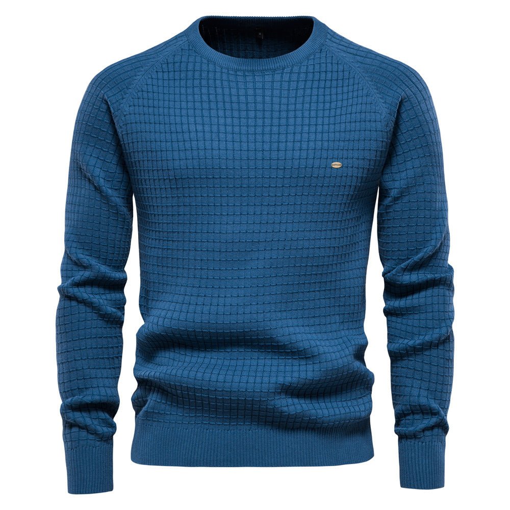 Men's classic knit crewneck sweater in a neutral color, perfect for casual winter fashion.