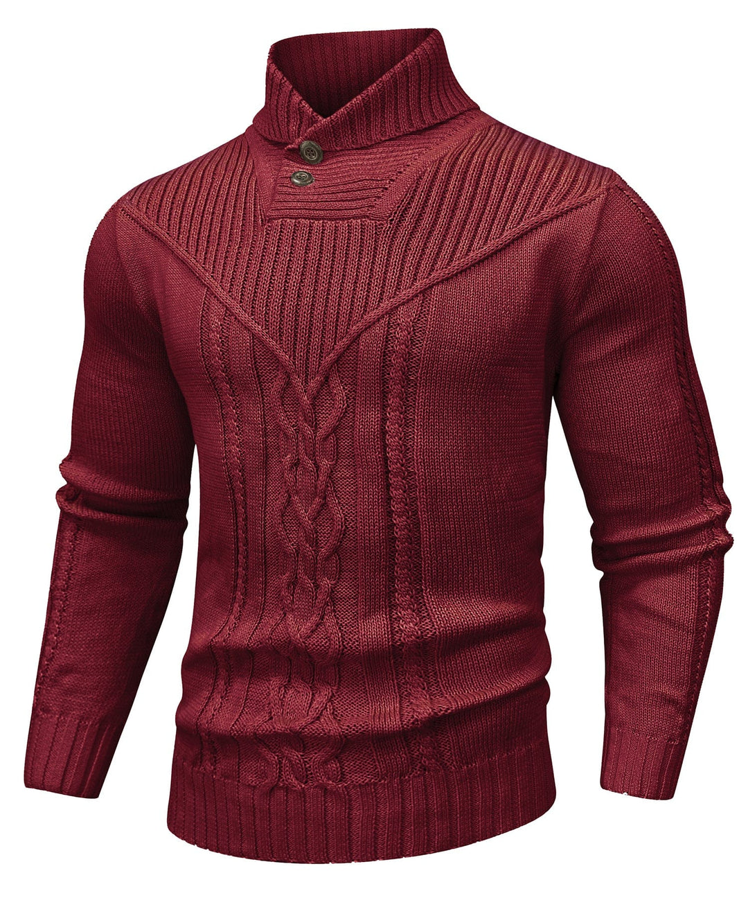 Close-up of a men's classic knit pullover polyester sweater, highlighting texture and quality