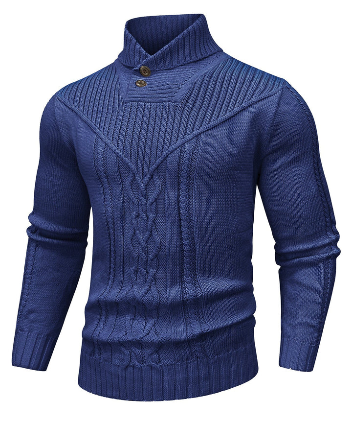 Man wearing a navy men's knit pullover sweater, demonstrating fall fashion and comfort