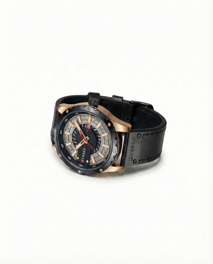 Men's classic leather band watch with a silver case and white dial, perfect for daily wear.