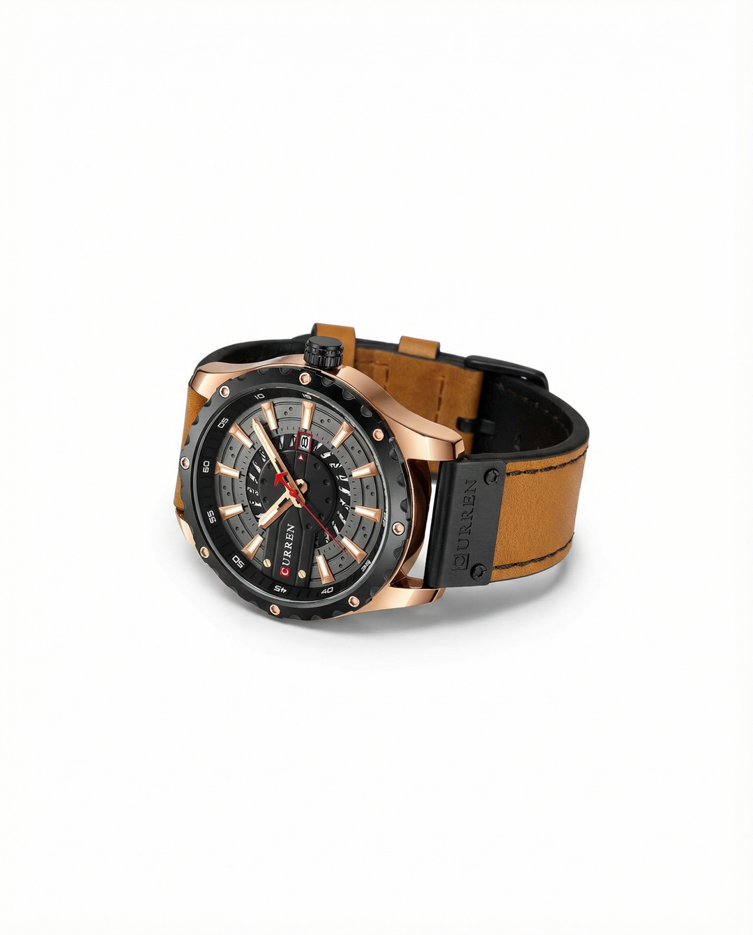 Display of several men's classic leather watches, highlighting variations in strap color and dial.