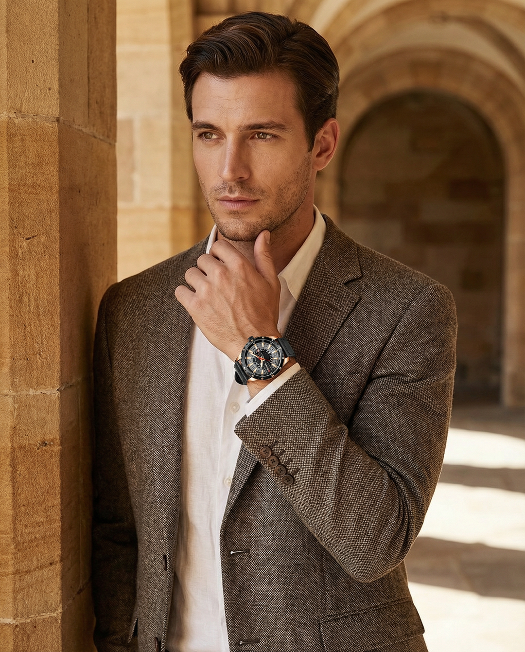 Timeless men's watch with a black leather band, stainless steel case, and minimalist dial.