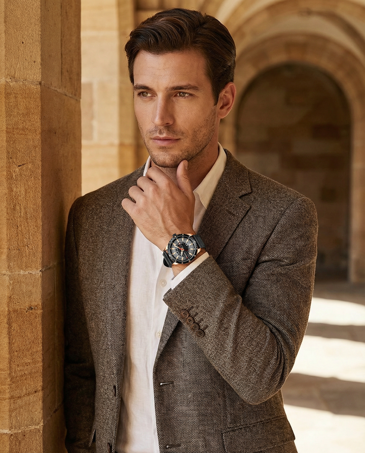 Timeless men's watch with a black leather band, stainless steel case, and minimalist dial.
