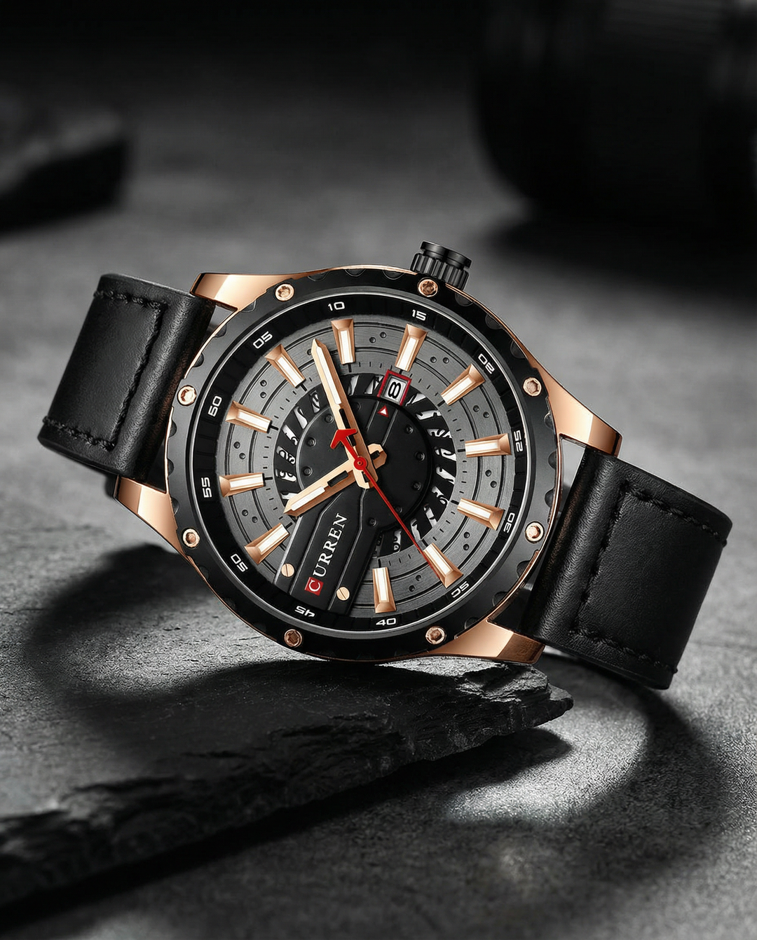 Elegant men's daily wear watch with a dark brown leather band and a simple, clear dial.