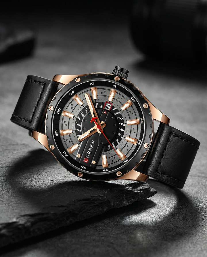 Elegant men's daily wear watch with a dark brown leather band and a simple, clear dial.