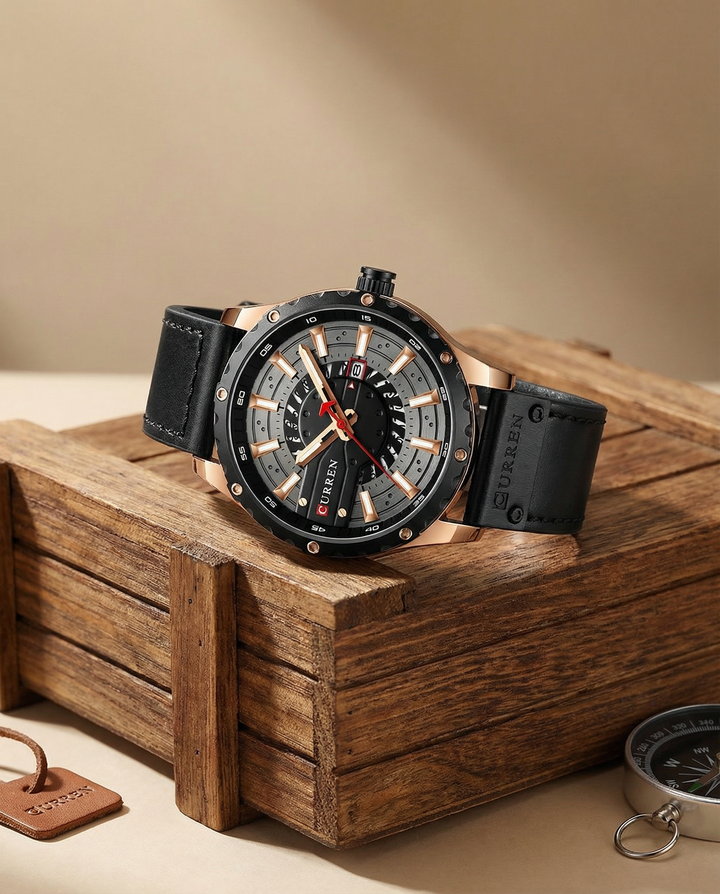 Side view of a men's classic leather strap watch, highlighting its slim profile and design.