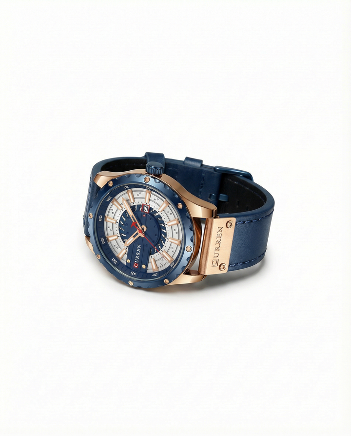 Top-down view of a men's classic leather band watch, emphasizing its traditional appeal.