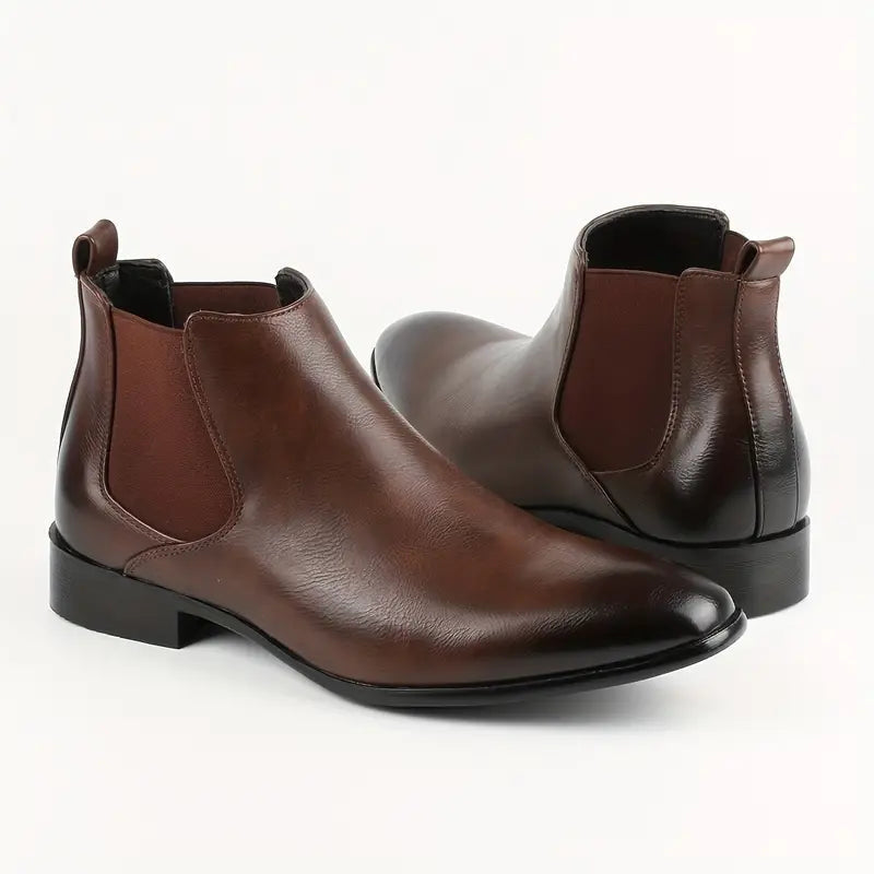 Men's formal black leather Chelsea boots with a sleek pointed toe, fashion footwear