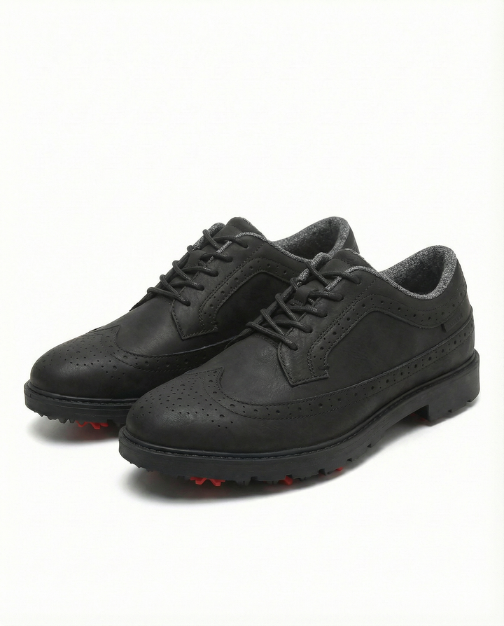 Side profile of men's leather derby shoes with lug sole, emphasizing casual and dressy style