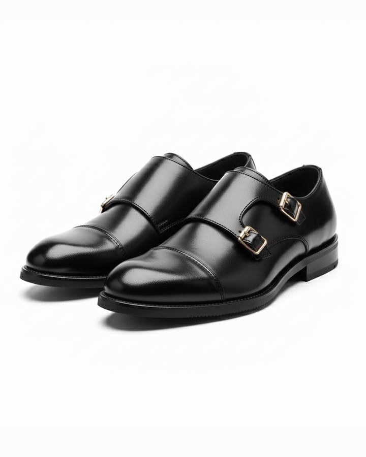 Men's classic leather double monk strap shoes, sophisticated brown cap toe dress shoes perfect for formal wear