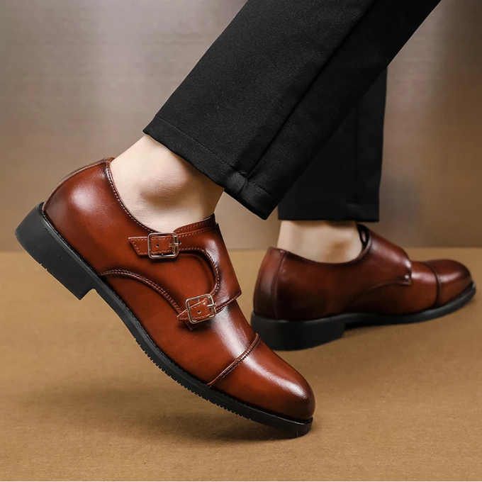 A gentleman's essential: men's classic brown leather double monk strap shoes with a comfortable, durable sole