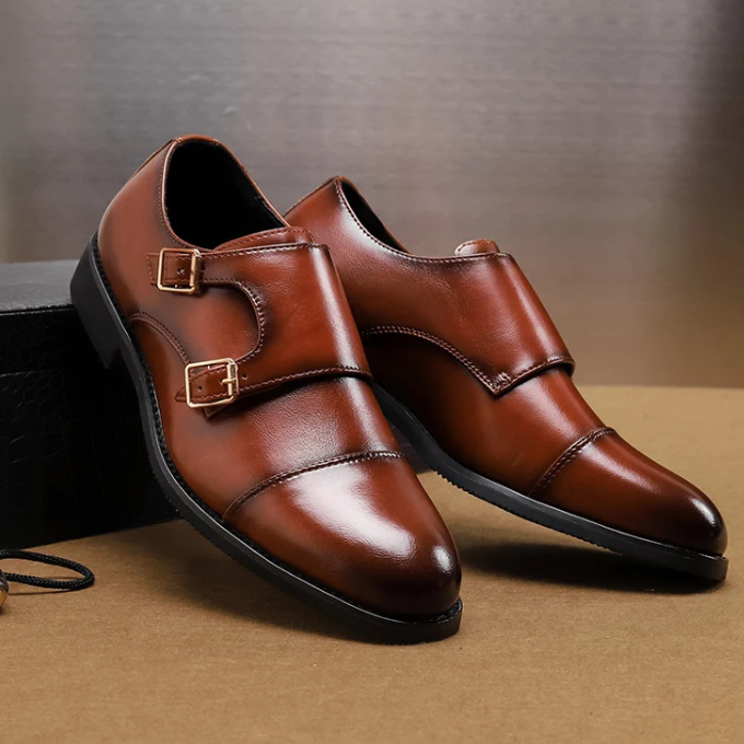 Men's formal brown leather monk strap shoes, an elevated choice for dress wear, combining comfort and sophistication