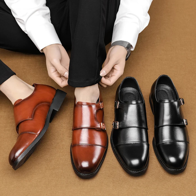 Men's brown leather cap toe monk strap shoes, versatile for business or special occasions, exuding classic style