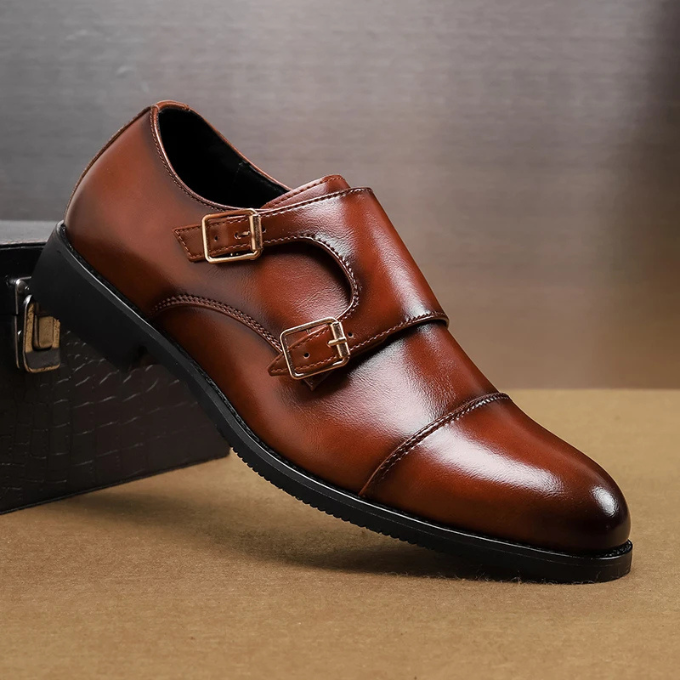 Full length view of men's double monk strap leather dress shoes, presenting their sleek and refined appearance