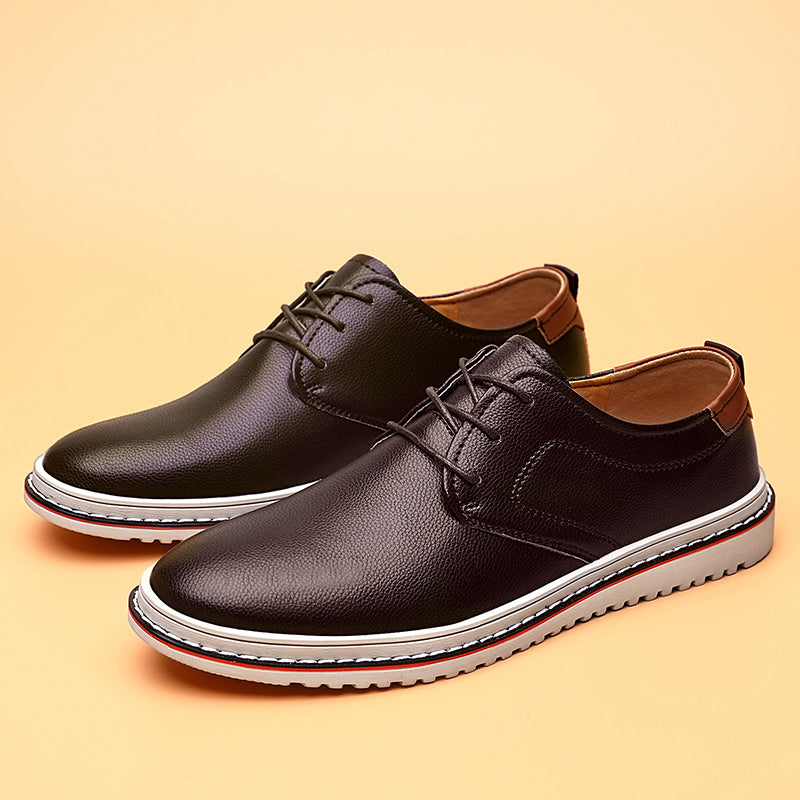 Side view of a men's classic leather dress shoe, highlighting the elegant silhouette and sturdy sole