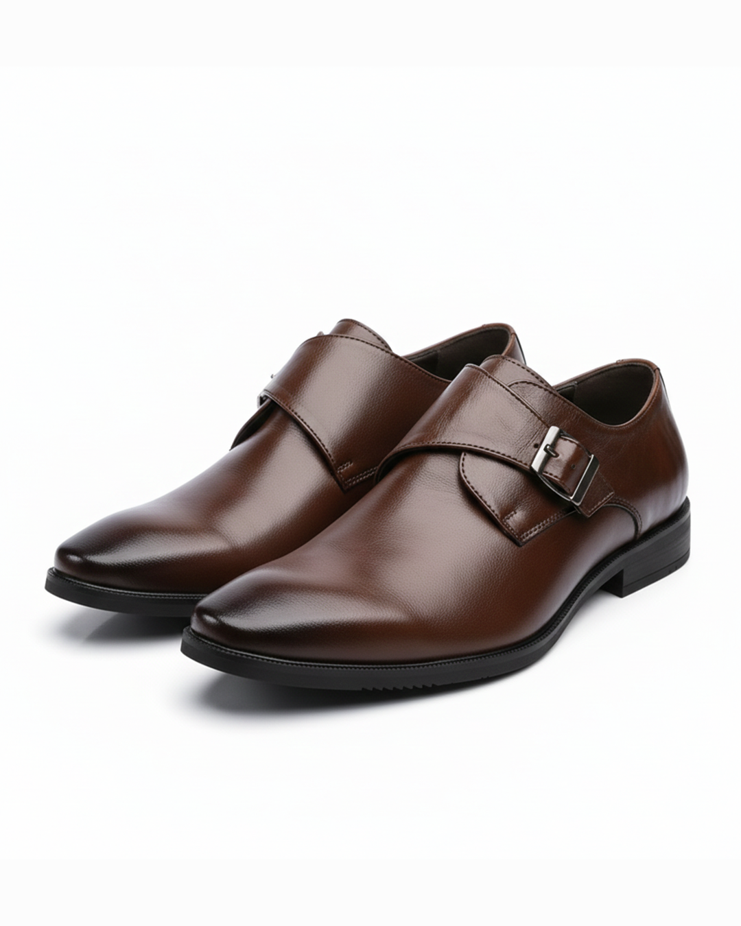 Men's classic leather monk strap shoes in a rich brown finish, perfect for formal wear and business. Gentleman footwear.