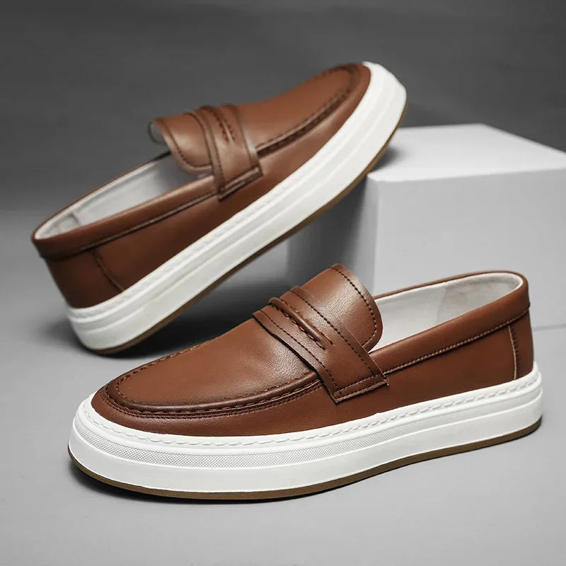 Men's durable leather penny loafers with a resilient chunky sole, everyday wear