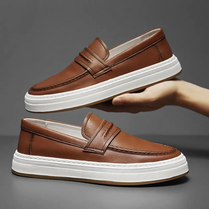 Men's classic tan leather penny loafers, chunky sole, for a refined look