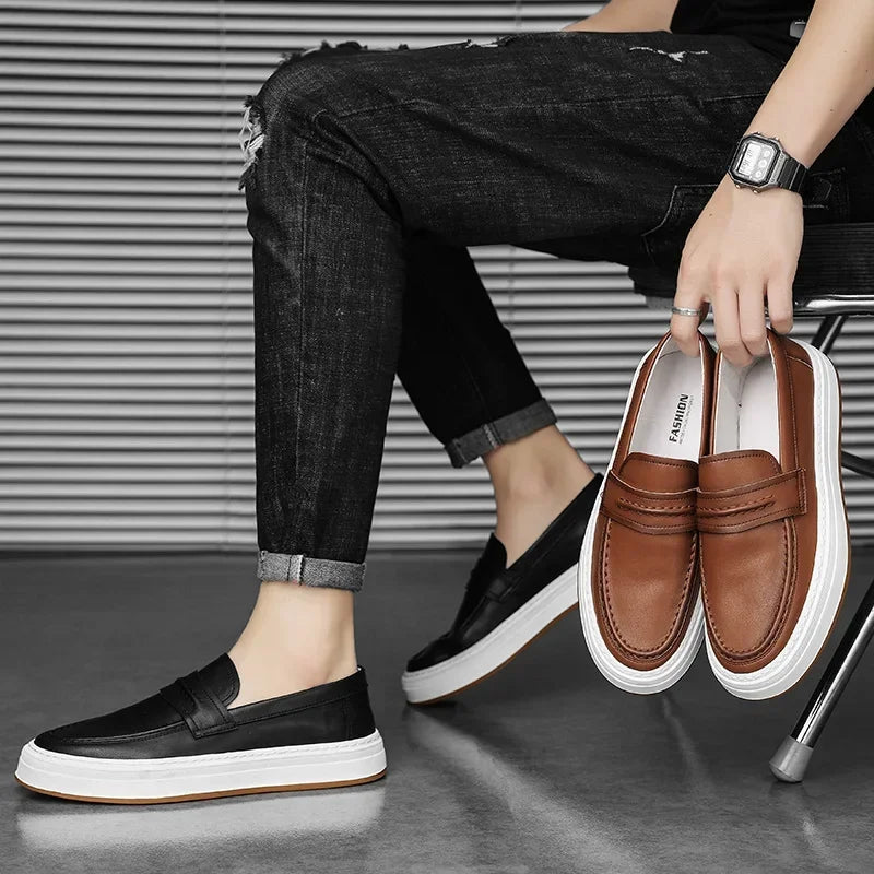Men's versatile leather penny loafers, chunky sole, suitable for various outfits