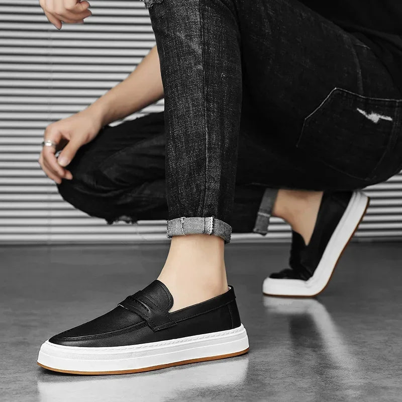 Stylish men's slip-on leather penny loafers, chunky sole, smart casual