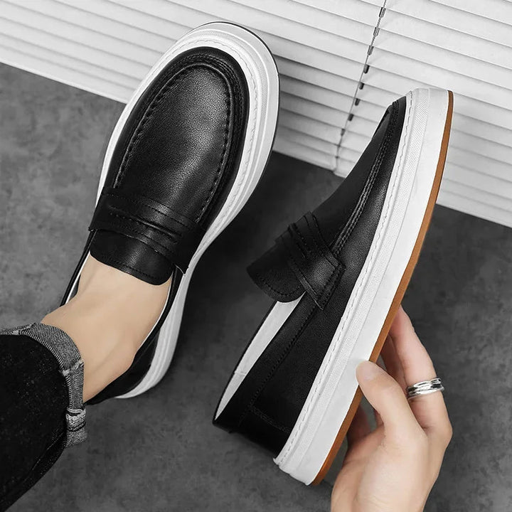 Men's fashion footwear: classic leather penny loafers, emphasized chunky sole