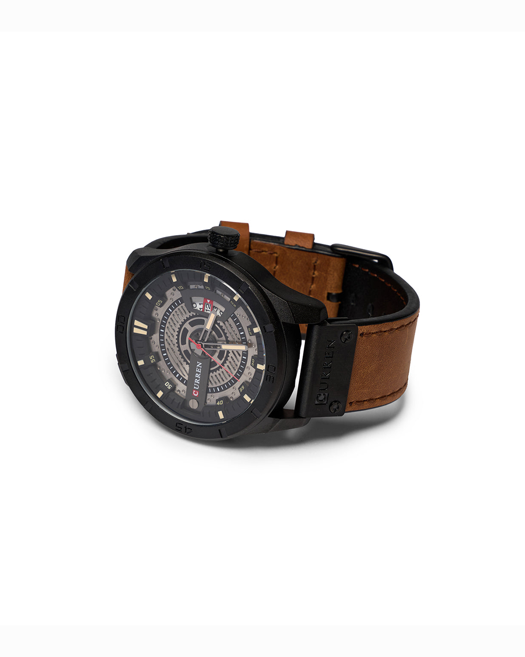 Men's classic leather strap watch with date display, water resistant, rugged style
