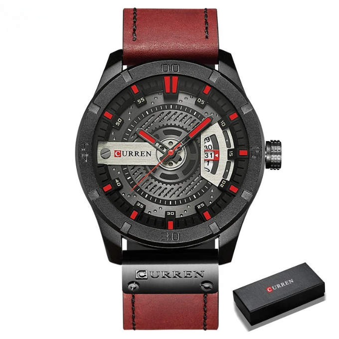 Men's accessory: classic watch with authentic leather strap, water resistance