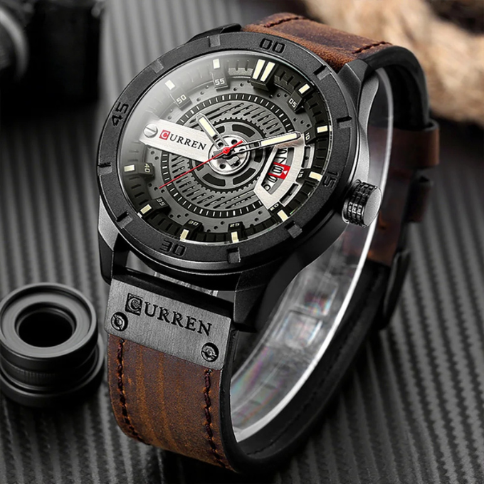 Side view of men's classic watch, quality leather strap, precision dial details