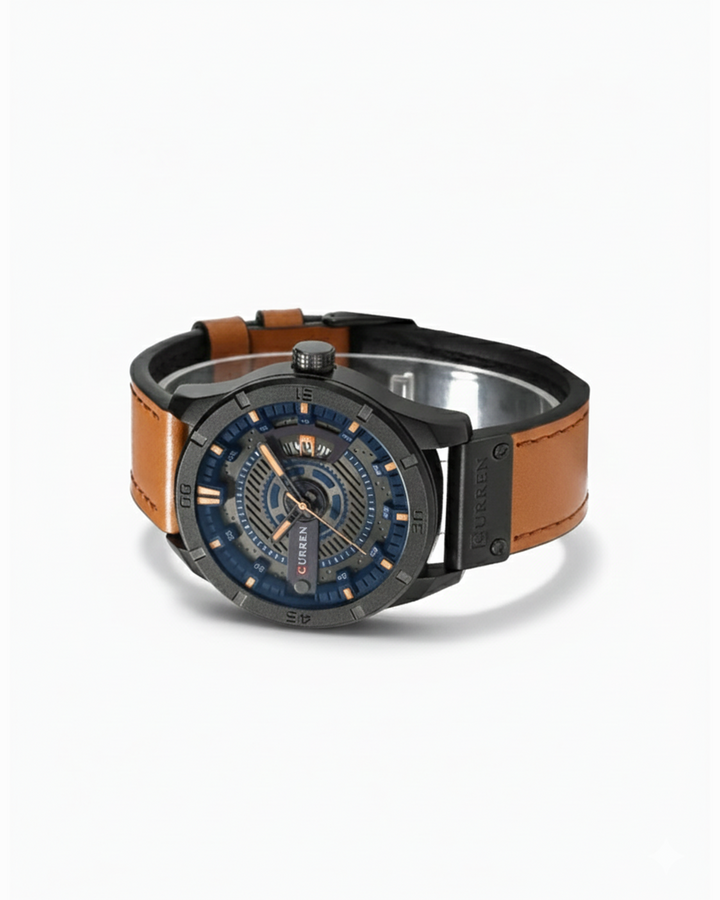 Men's classic leather strap watch with silver case, black dial, and brown leather band.