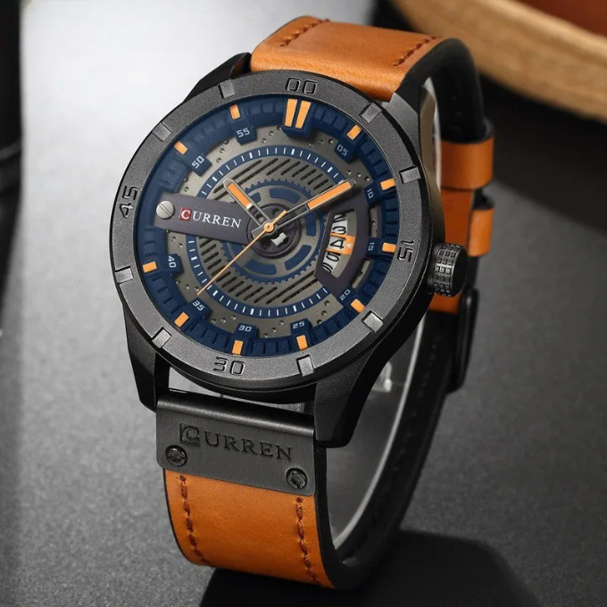 Stylish men's quartz watch featuring a genuine brown leather strap and water resistance.