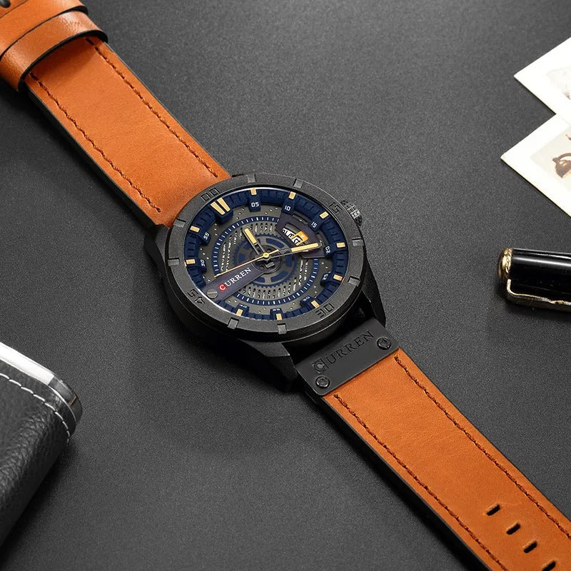 Everyday men's accessory: classic watch with a genuine leather strap and minimalist dial.