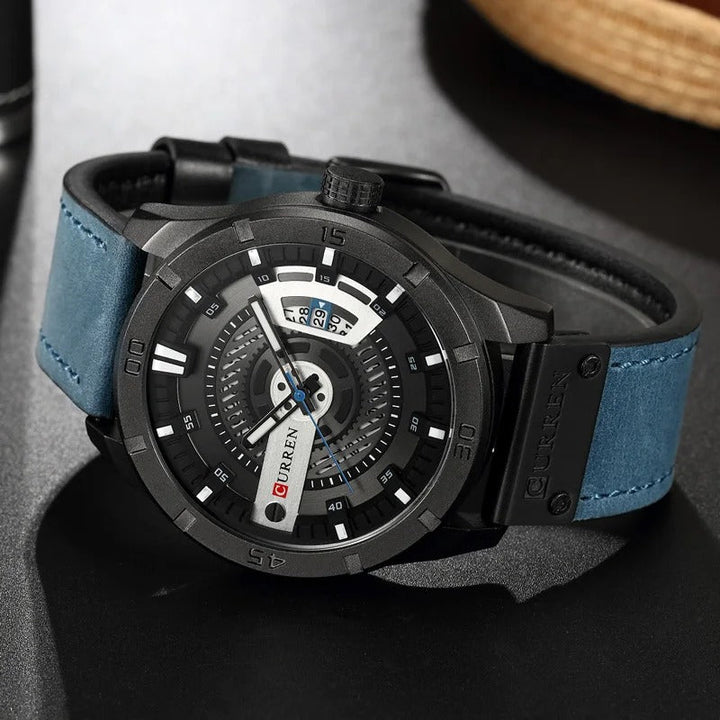 Classic men's watch, 40mm silver-tone case, black dial, and dark brown leather strap.