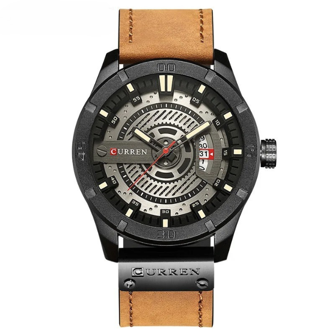 Formal men's accessory: sophisticated leather strap watch with a polished silver finish.