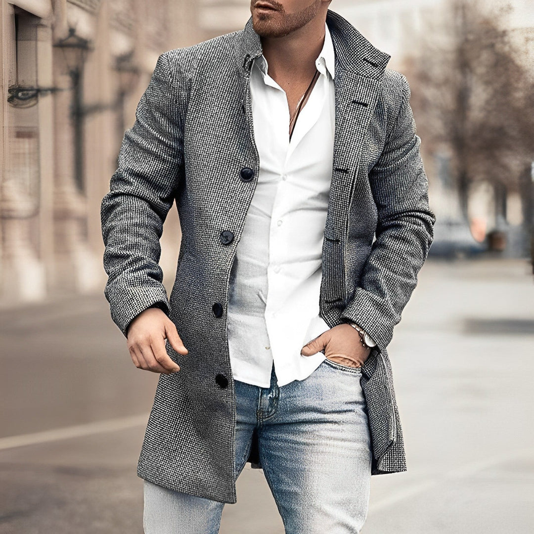 Men's classic long button-up coat, tailored, dark gray, for winter fashion