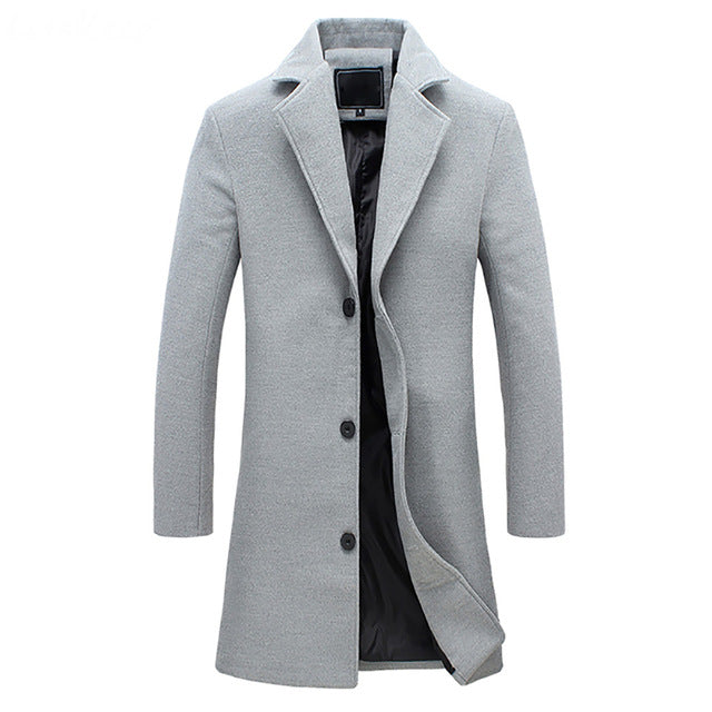 Men's classic long formal overcoat in wool blend, ideal for business attire and elegant winter fashion.