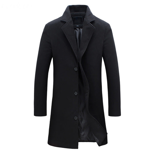 Long formal overcoat for men, offering classic style and warmth for cooler weather and business events.